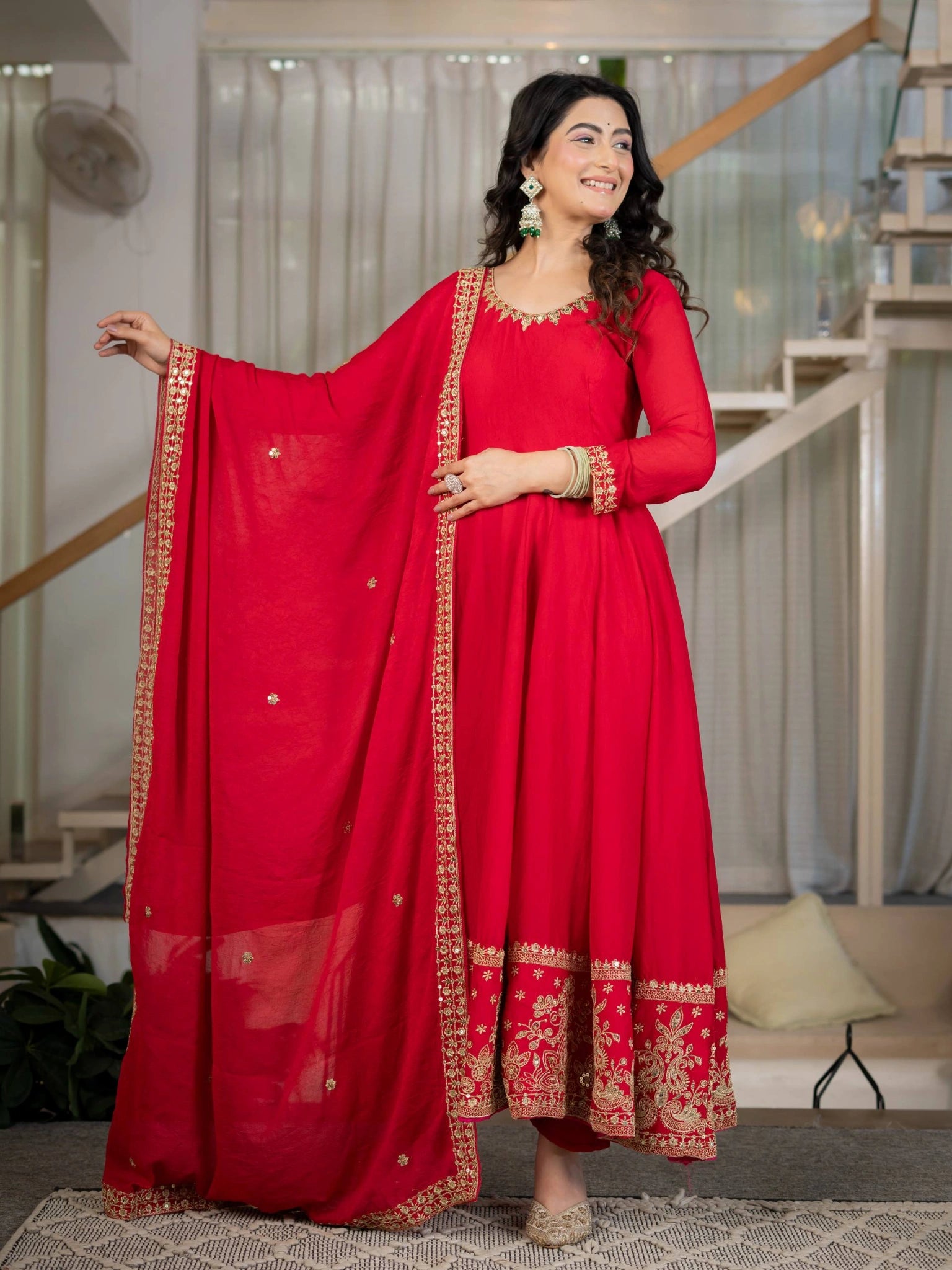 Red Sequins Embroidered Suit – Anarkali Pant Set with Dupatta Kalyanja